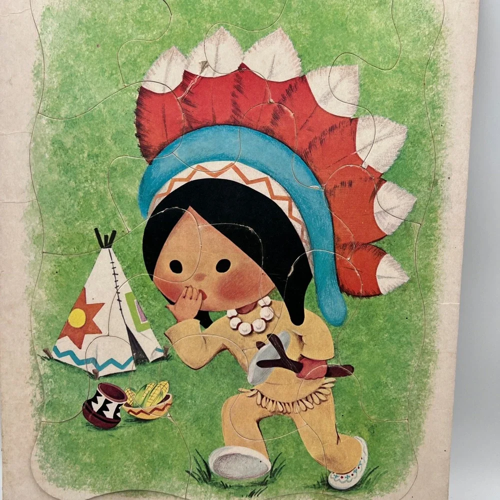 Vintage 1967 Whitman Indian Preschool Frame-Tray Puzzle 4535 Native American Boy